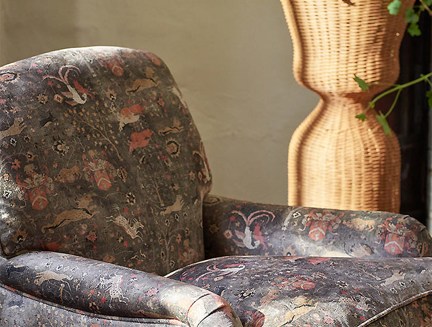 Lyndhurst Chair in V&A Threads of India Opulent Velvets Lahore Dynasty Slate fabric detail